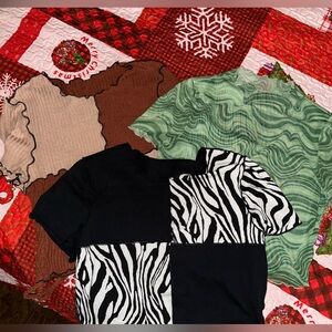 SHEIN Black and White Zebra Print Tee with Green Wave and Brown Patchwork